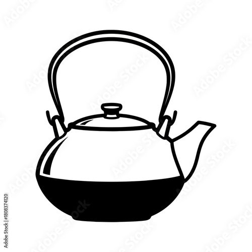 Black and white line art icon of a traditional kettle with a handle and spout, isolated on