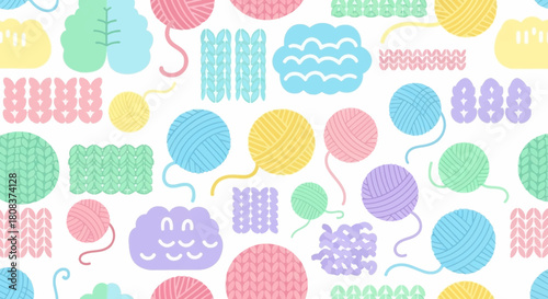 Colorful seamless pattern featuring yarn balls and knitted fabric on a white background