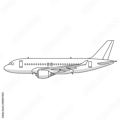 Outline drawing of a modern commercial passenger airplane in side view, showing fuselage, wing, and engine detail, isolated on