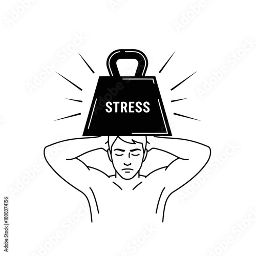 Line art drawing of a man holding a heavy weight labeled stress over his head, symbolizing mental pressure, isolated on