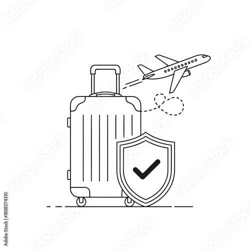 Outline icon of travel insurance with a suitcase, an airplane taking off, and a protective shield with a checkmark, isolated on