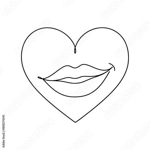 Minimalist continuous line drawing of a smiling mouth inside a heart shape isolated on