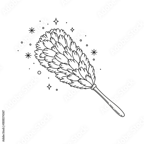 Line drawing of a fluffy feather duster with sparkling star shapes around it, representing cleaning or dusting, isolated on