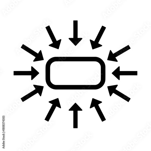 Black and white icon showing multiple arrows pointing inward toward a central rectangle, symbolizing convergence or focus, isolated on