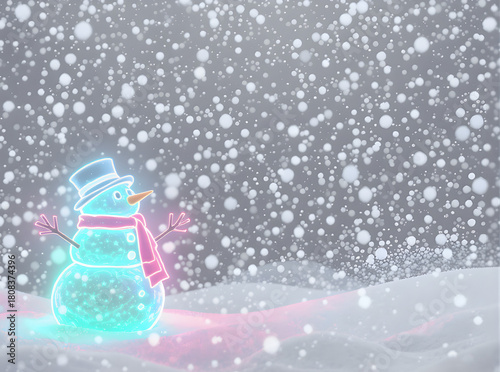 Pink glowing snowman shining through thick falling snow with copy space