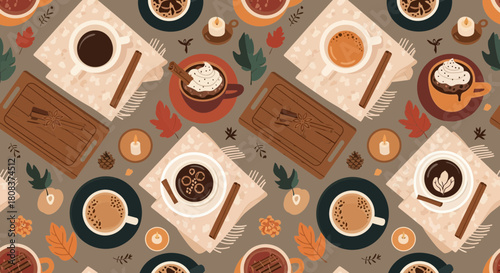Cozy autumn pattern featuring coffee cups cinnamon sticks and fall foliage design