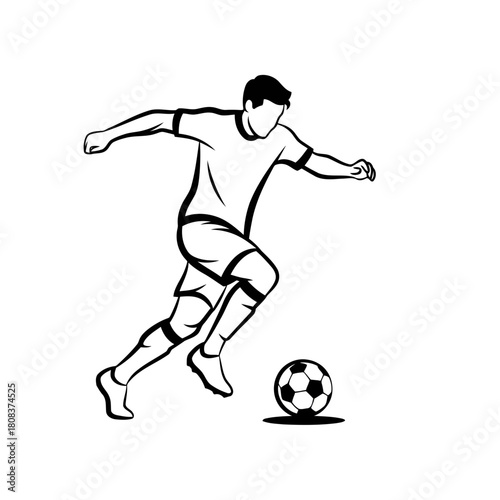 Black and white line art illustration of a soccer player running and dribbling a football, isolated on