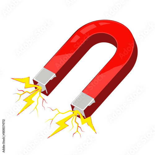Red glossy horseshoe magnet attracting metal with visible yellow electrical energy sparks at the poles, isolated on