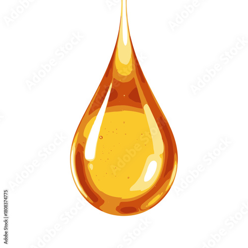 Golden drop of liquid, possibly honey or oil, rendered as a realistic tear shape illustration, isolated on