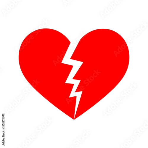 Bright red heart shape split in half by a jagged white lightning bolt, symbolizing heartbreak and relationship trouble, isolated on
