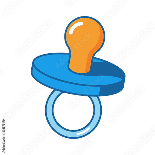 Cartoon illustration of a blue baby pacifier with an orange nipple and ring handle isolated on