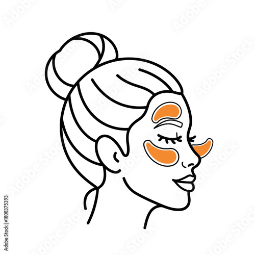 Outline illustration of a woman with her hair in a bun applying orange undereye patches for skincare treatment, isolated on