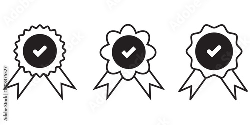 Set approval check icon isolated, approved or verified medal icon. certified badge symbol, quality sign – stock vector. Tick mark badge Icon. Black & white color mixed
