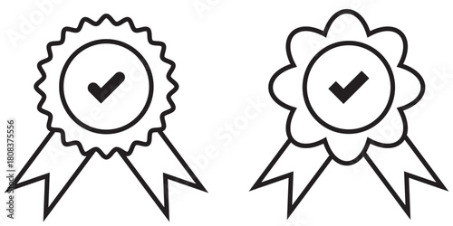 outline silhouette badge with ribbon icon set. Variety of certified and approved badge icons. A set of quality and verification symbols. Vector illustration isolated on white background. Star & Tick.