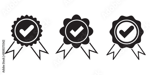 Set approval check icon isolated, approved or verified medal icon. certified badge symbol, quality sign – stock vector. Tick mark badge Icon. Black & white color mixed