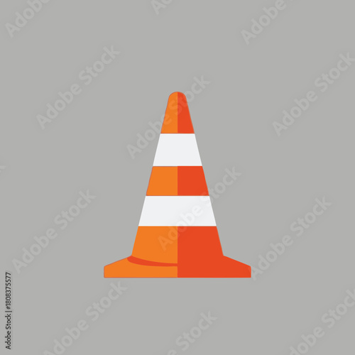 Orange and white striped traffic cone with reflective band detail, isolated on gray background