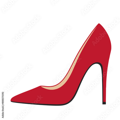 Elegant red high heel stiletto pump shoe with pointed toe and thin heel, isolated on