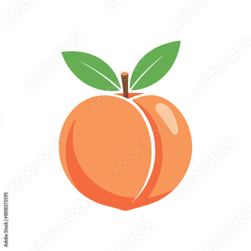 Simple illustration of a ripe peach fruit with green leaves, isolated on
