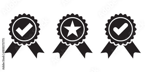 outline silhouette badge with ribbon icon set. Variety of certified and approved badge icons. A set of quality and verification symbols. Vector illustration isolated on white background. Star & Tick.