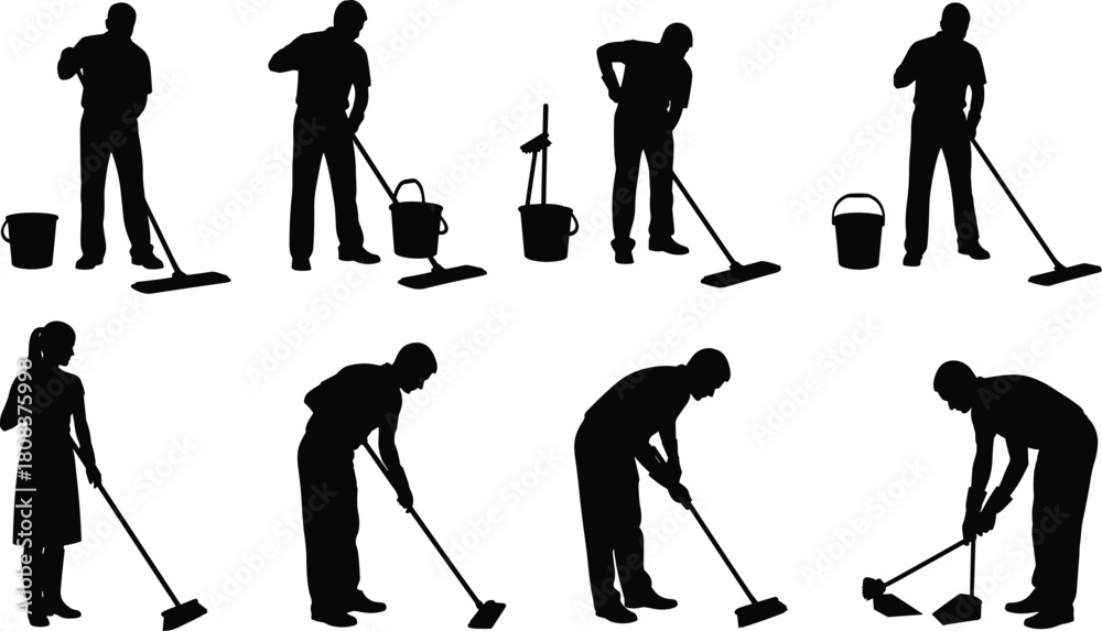 Obraz premium Cleaning staff and janitor silhouettes set, people sweeping and mopping with bucket and broom, professional housekeeping service vector icons, isolated on white.