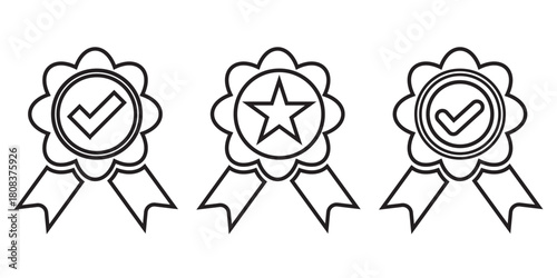 outline silhouette badge with ribbon icon set. Variety of certified and approved badge icons. A set of quality and verification symbols. Vector illustration isolated on white background. Star & Tick.