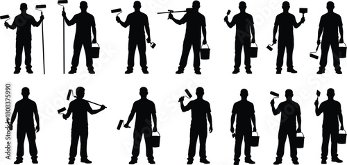House painter and decorator silhouettes set, construction workers holding brushes, rollers, and paint buckets, professional renovation vector collection, isolated on white.