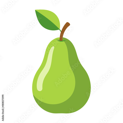 Close up of a fresh green pear fruit with a stem and leaf, isolated on