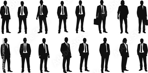 Professional business men silhouette collection, full-length portraits of standing male managers, diverse corporate executive figures, isolated vector set on white.