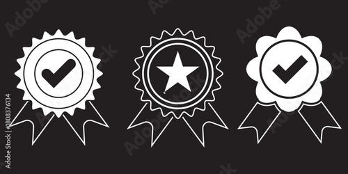 outline silhouette badge with ribbon icon set. Variety of certified and approved badge icons. A set of quality and verification symbols. Vector illustration isolated on white background. Star & Tick.