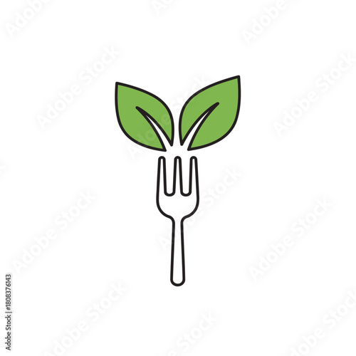 Simple icon of a fork with two green leaves growing out of the tines, symbolizing vegan or healthy eating, isolated on