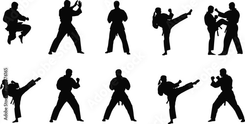 Martial arts karate training silhouette set, male and female athletes practicing defense, kicking, and fighting techniques for fitness and sport.