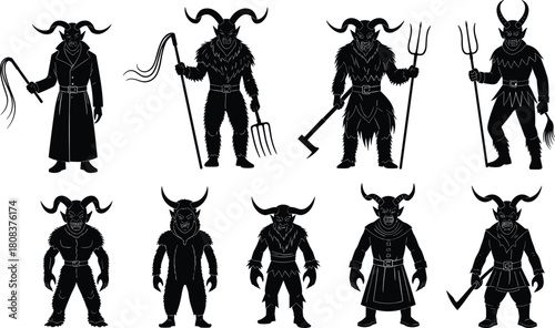 Krampus and Devil creature monster silhouettes set, horned mythological demon figure collection, traditional Christmas folklore beast vector, isolated on white.