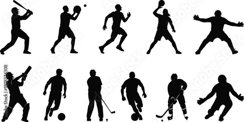 Multi-sport athletes silhouette set, baseball, cricket, soccer, hockey, and golf players in action poses for competition and game design.