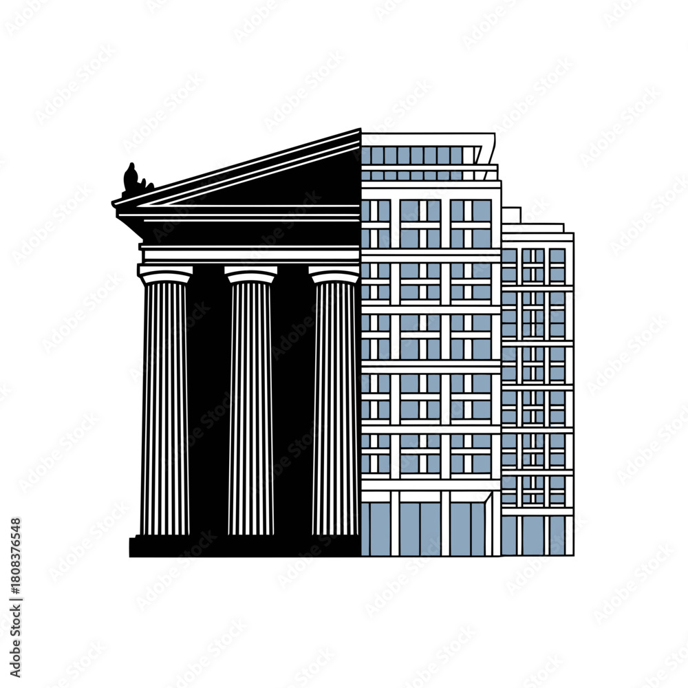 Obraz premium Conceptual split image showing half of a classical greek temple facade next to half of a modern glass office building, isolated on
