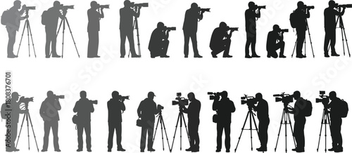 Photographer and cameraman silhouette set, journalists shooting video and pictures with cameras, tripods, and professional media equipment.