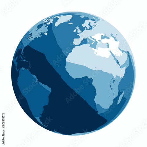 Stylized blue globe showing continents of earth in shades of blue, isolated on
