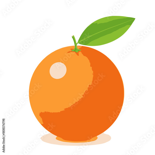 Simple illustration of a ripe orange fruit with a single green leaf attached, isolated on for freshness