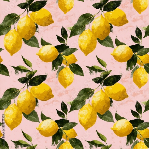 Seamless pattern with lemons on a pink background, textured and picturesque illustration for textiles and printed products
