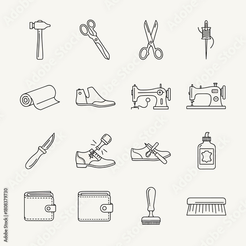 Collection of Cobbler Tools and Shoe Repair Equipment in a Linear Outline Style, Featuring Hammer Scissors Sewing Machine and Wallet Icons