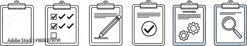 Collection of Clipboard Icons Representing Various Tasks Such As Checklists, Writing, Work Processes, and Analysis