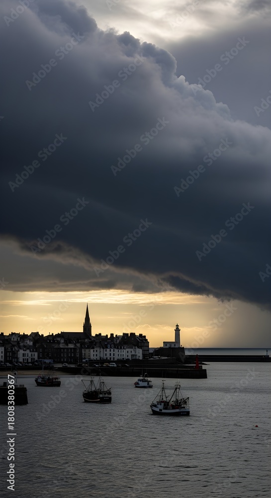 Fototapeta premium Dark storm clouds gather over a coastal town with fishing boats in the harbor