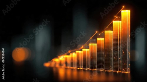 Glowing golden bar graph rises against a dark backdrop, with a line showing growth