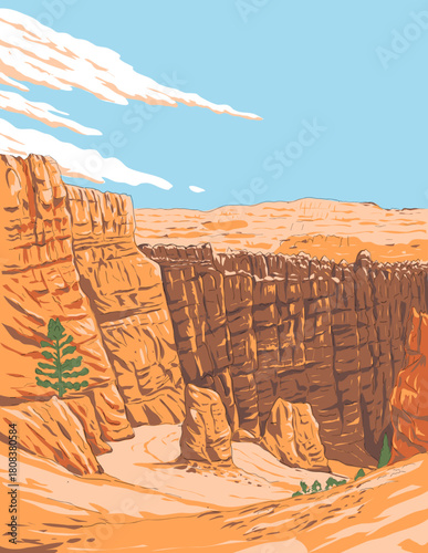 WPA style ukiyo-e or ukiyo illustration of the Wall Street section Navajo Trail located in Bryce Canyon National Park, Bryce Canyon City, Utah USA done in retro works project administration style.