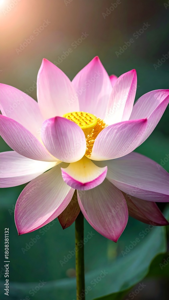 Fototapeta premium Close-up of a vibrant pink lotus flower in full bloom, petals delicately arranged, with a bright, sun-kissed background