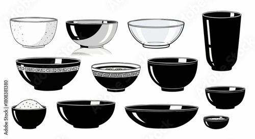 Collection of various hand-drawn bowls and cups in black and white sketch style.