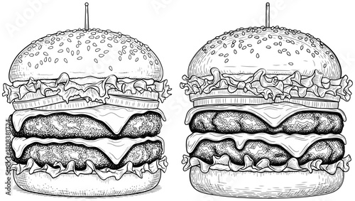 Two delicious double cheeseburgers with fresh toppings, capturing the essence of fast food indulgence isolated on