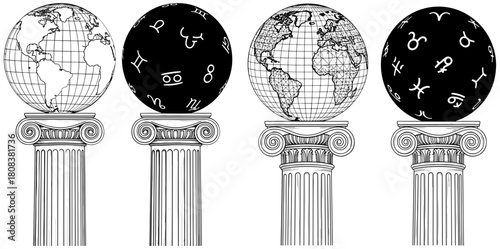 Four globes on columns isolated on, representing earth and zodiac signs, symbolizing knowledge and astrology