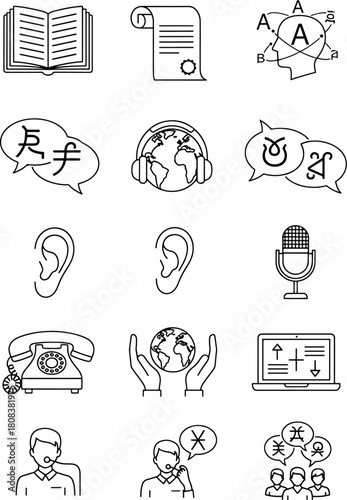 Collection of communication and language icons including open book, diploma, human head with letters, globe with headphones, and speaking bubbles with symbols.