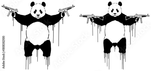 Two panda bears holding machine guns in a graffiti style, isolated on, creating a bold and edgy statement