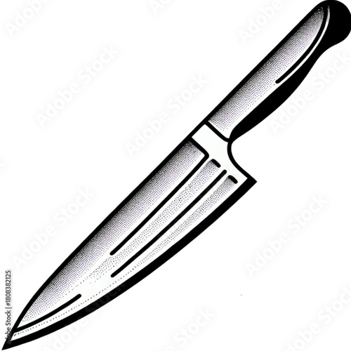 Sharp Chef's Knife: A single, gleaming chef's knife, embodying culinary precision, rests poised, its blade reflecting a dedication to the art of fine dining and food preparation.
